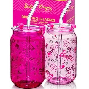 Barbie Dragon Glassware 16 oz Can Glasses Pink Set Two New in Box
